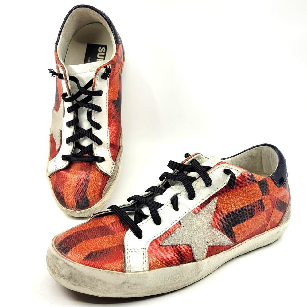 Golden Goose Super-Star Sneaker Shoe 36 Red Beige Star Blue Heel Tab